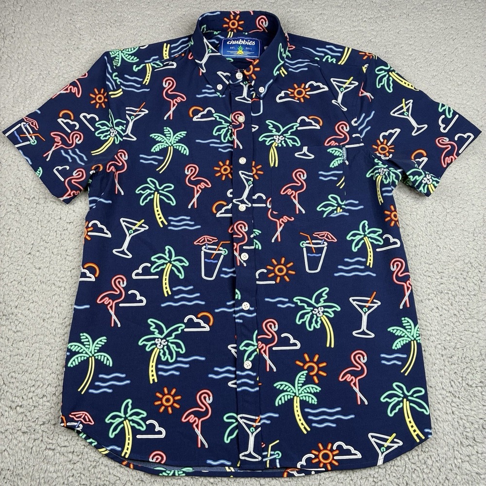 Chubbies One Man Wolf Pack Shirt Men's M Neon Flamingo Palm Button Down Friday
